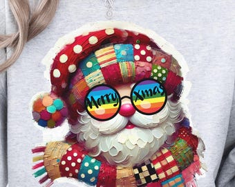 Papá Noel Pop Art PNG: Diseño navideño retro de patchwork (descarga digital)