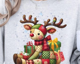 Reno navideño de patchwork PNG: Clipart navideño acolchado (Descarga digital)