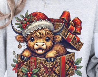 Vaca de las Tierras Altas de Navidad PNG: Ternero festivo en caja de regalo vintage (Descarga digital)