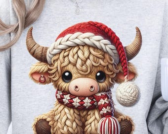 Vaca navideña de las Tierras Altas tejida a crochet PNG: Sublimación de ternero tejido (Descarga digital)