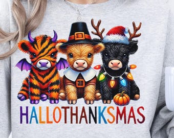 Vacas de las Tierras Altas PNG: Trío de imágenes prediseñadas navideñas (Descarga digital)