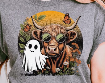 Halloween Highland Kuh-Geist PNG, gruseliges Blumenmuster (digitaler Download)