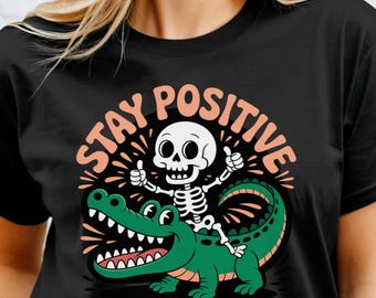 Esqueleto positivo montando caimán PNG: Clipart divertido de Halloween (Descarga digital)