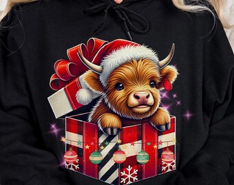 Vaca de las Tierras Altas de Navidad PNG: Ternero festivo en caja de regalo (Descarga digital)