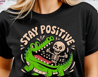 Clipart de esqueleto y caimán con actitud positiva: PNG divertido de Halloween (descarga digital)