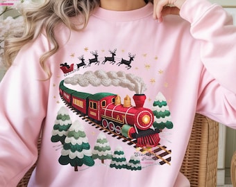 Tren navideño Santa Express PNG, textura de puntada bordada (descarga digital)