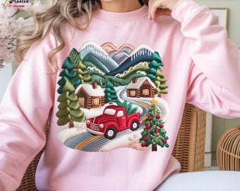 Camión rojo navideño PNG, diseño de bordado de pueblo invernal (descarga digital)
