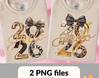 PNG de Hola 2026, diseño de leopardo con lazo dorado, sublimación de Año Nuevo (descarga digital)