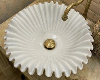 White Fluted Marble Vessel Sink : Countertop Bathroom Vanity Ruffle Basin, Powder Room Decor