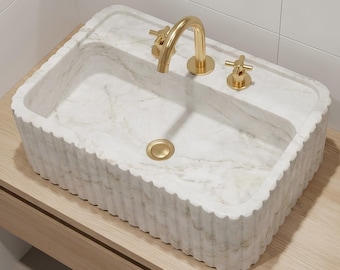 Lavabo de mármol blanco estriado: lavabo de baño rectangular de piedra acanalada tallado a mano.