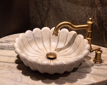 Hand Carved White Marble Blossom Vessel Sink, Luxury Floral Bathroom Vanity Wash Basin
