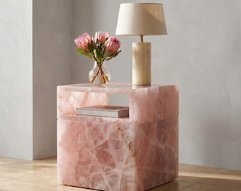 Handmade Rose Quartz Side Table, Pink Crystal Nightstand, Luxury Stone Accent Furniture