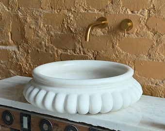 Luxury White Fluted Marble Vessel Sink: Custom Freestanding Natural Stone Bathroom Vanity Bowl Basin
