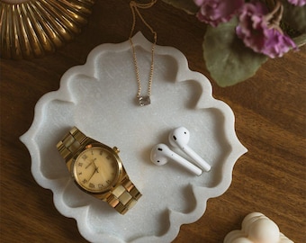 Handmade White Marble Vanity Tray: Floral Jewelry Organizer