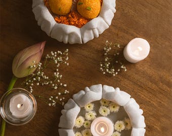 Indian Marble Bowl: Hand-Carved Festive Urli Decor - Floating Flower & Candle Centerpiece