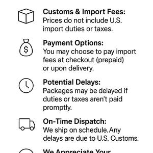 May include: Image with text: "Important Information for U.S. Customers." Details include customs, import fees, payment options, potential delays, and on-time dispatch. The text is accompanied by icons and the U.S. flag.