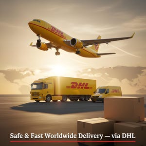 May include: A yellow DHL airplane taking off above a yellow DHL truck and van. Cardboard boxes are in the foreground. The text "Safe & Fast Worldwide Delivery - via DHL" is at the bottom of the image.