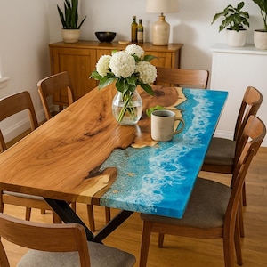 Handmade Resin River Dining Table Top: Live Edge Wood & Blue Epoxy Waves