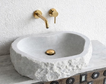Lavandino da appoggio di lusso in marmo bianco: lavabo da bagno indipendente in pietra naturale rustica fatto a mano