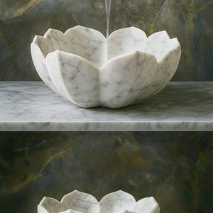 May include: A white marble lotus flower-shaped sink with water flowing from a dark metal tap. The sink is set on a marble countertop, with a matching sink below. The background features a marbled wall.