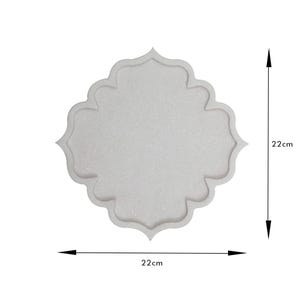 May include: A light gray decorative tray with a unique, scalloped quatrefoil design. The tray measures 22 cm (8.6 inches) in both width and height. The tray has a textured surface and a raised edge.