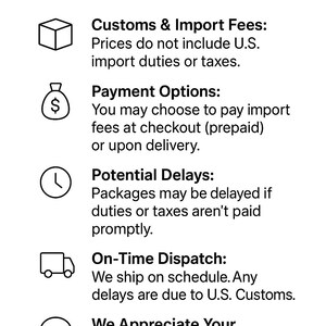 May include: Image with text: "Important Information for U.S. Customers." Includes details on customs, import fees, payment options, potential delays, and on-time dispatch. The text is accompanied by icons and the U.S. flag.