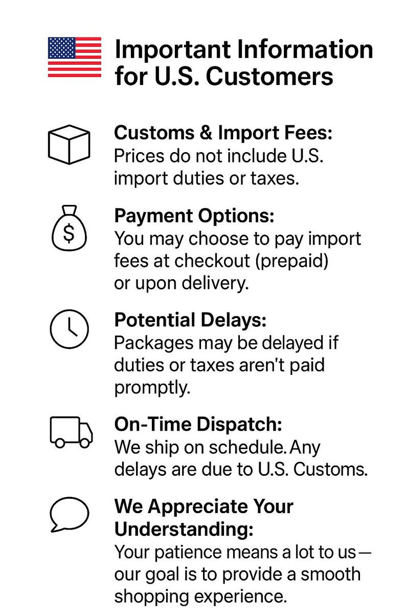 May include: Image with text: "Important Information for U.S. Customers." Includes details on customs, import fees, payment options, potential delays, and on-time dispatch. The text is accompanied by icons and the U.S. flag.