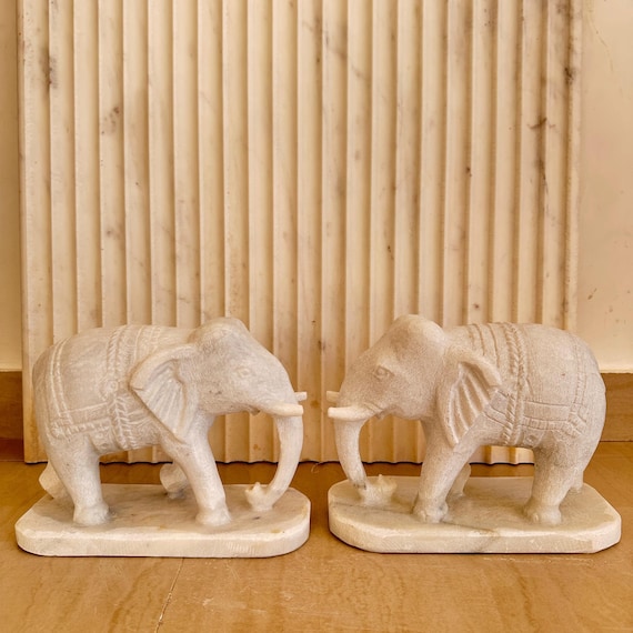 Hand Carved White Marble Elephant Statue Pair – Feng Shui Home Decor & Festival Gift