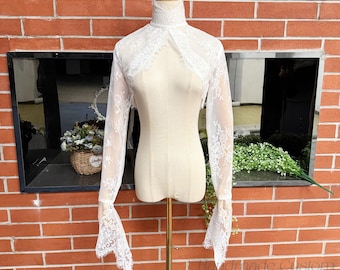Long bell lace sleeves,Wedding sleeves jacket with satin buttons,soft lace boleros,custom size,halter high neck lace sleeves