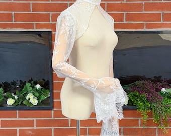 Bell sleeve lace sleeves,Wedding long sleeves jacket with pearl buttons,soft lace boleros,custom size,high neck sleeves