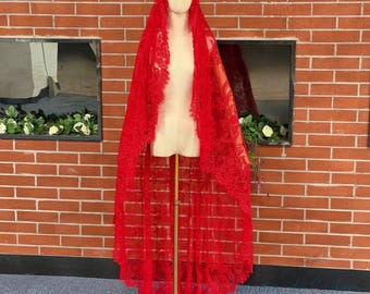 Red Chantilly lace veil,Red Full lace veil,lace veil with clips,bridal boho wedding veil,vintage veil