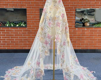 Sparkle sequin floral lace veil with comb,Heavy lace veil,Mantilla veil,Pink Floral Lace wedding veil,Church veil