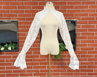 Sequin lace bell sleeves High neck white floral lace jacket,long sleeves jacket with satin buttons,soft lace boleros,custom size lace topper