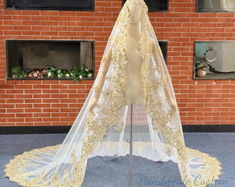 Boho Gold Sparkle sequin floral lace veil with comb,Heavy lace veil,Mantilla veil,Dark Gold wedding veil,Church veil
