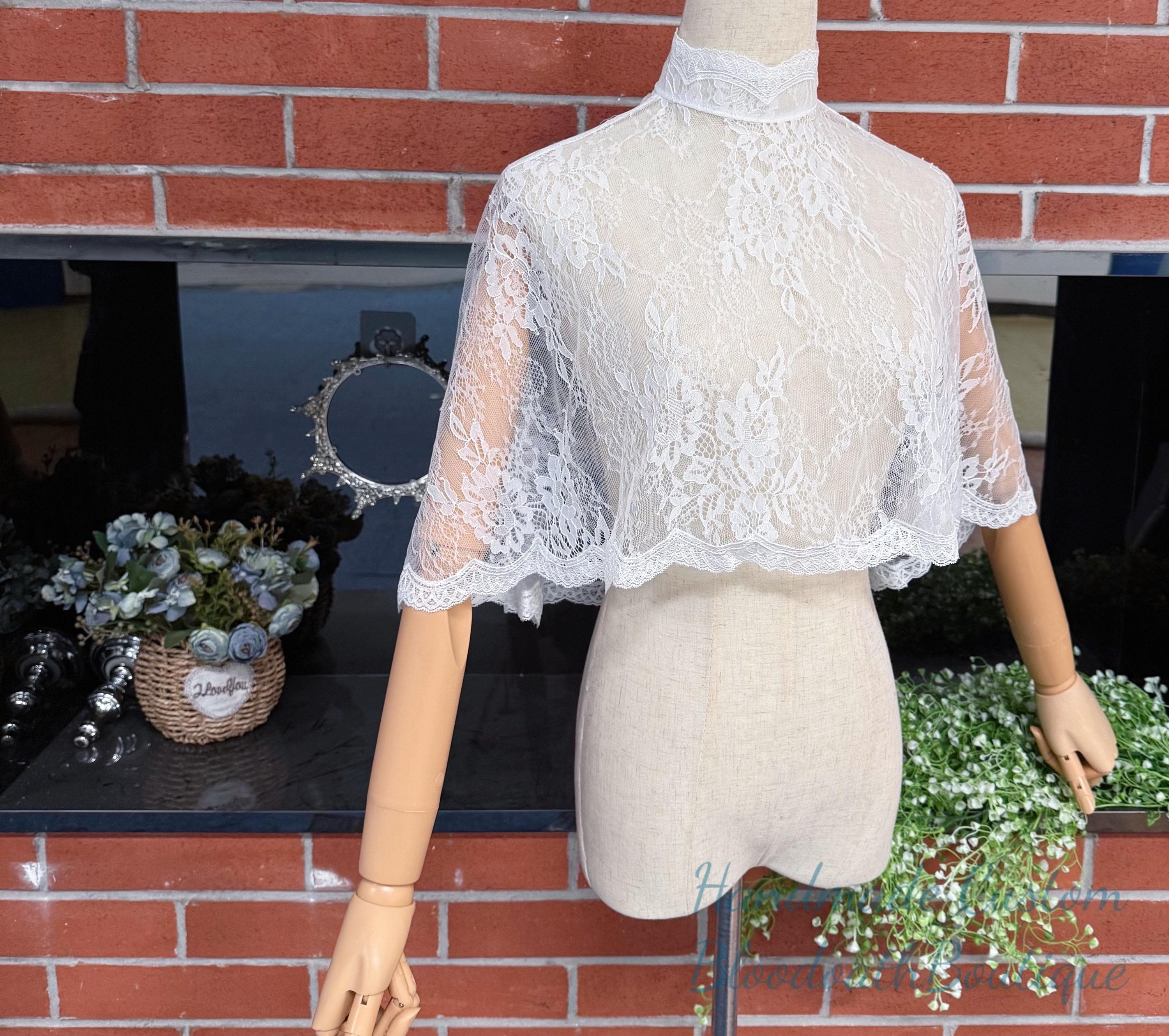 High Neck Floral Lace Cape,White Bridal Shawl,Fairy Short Off White Lace Cape,White Lace Cape,Elegant Princess Style Cape