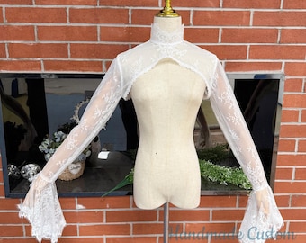 Bell sleeve lace sleeves with lace trim,Wedding long sleeves jacket with satin buttons,soft lace boleros,custom size,high neck sleeves
