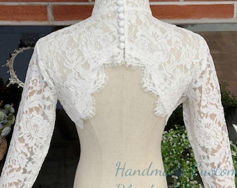 Chaqueta de encaje floral blanco de cuello alto, chaqueta de manga larga con botones de satén, boleros de encaje suave, adorno de encaje de tamaño personalizado