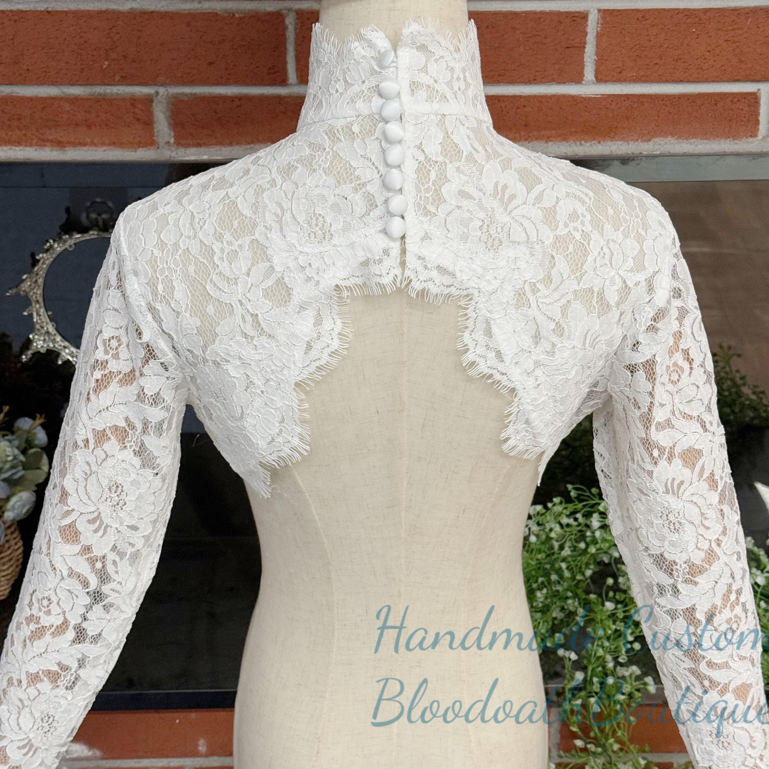 High neck white floral lace jacket,long sleeves jacket with satin buttons,soft lace boleros,custom size lace topper