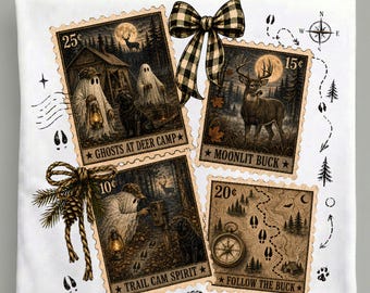 Deer Hunting Halloween Postage Stamp PNG, Ghost Hunter Buck Retriever, Vintage Hunting Sublimation Digital Download