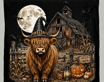 Halloween Highland Cow PNG, Witch Hat Haunted Barn Pumpkin, Vintage Spooky Farm Sublimation Digital Download