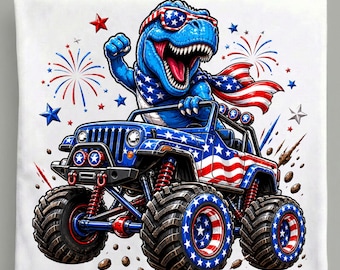 Patriotischer TRex Monstertruck PNG, lustige Dinosaurierkunst des 4. Juli, Jungen USA Off Road Sublimation, amerikanische Flagge 4x4-Datei