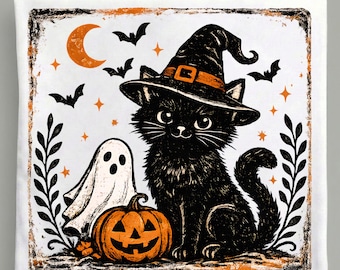 Halloween Black Cat PNG, Witch Hat Ghost Pumpkin, Vintage Spooky Cat Sublimation Digital Download