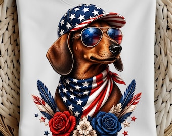 Vaterländischer Dackel PNG, USA Flagge Wiener Hund Kunst, 4. Juli Sublimation, amerikanische Hundemutter-Datei, Blumenwelpen-Druck