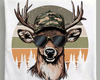 Cool Deer PNG, Whitetail Buck with Sunglasses and Camo Hat, Retro Hunting Sunset Sublimation Digital Download