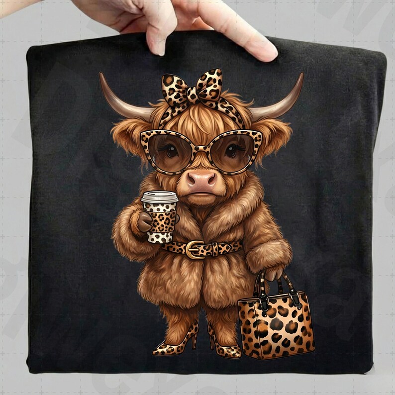 Puede incluir: Una funda de almohada negra con una ilustraci&oacute;n caprichosa de una vaca de las Tierras Altas. La vaca lleva gafas de sol, un abrigo de piel y sostiene una taza de caf&eacute; y un bolso, todos con un dise&ntilde;o de estampado de leopardo. La vaca tambi&eacute;n lleva una diadema con estampado de leopardo.