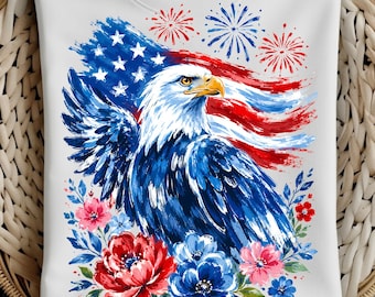 Adrette Pinselstrich-Adler PNG, Floraler gebrochener Weißkopfseeadler, 4. Juli USA-Flaggenkunst, rote weiße blaue Blumen, amerikanische Vogel-Sublimation