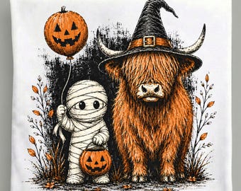 Halloween Highland Cow PNG, Witch Cow Mummy Trick or Treat, Pumpkin Balloon Spooky Fall Sublimation Digital Download