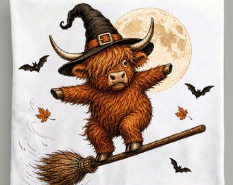 Halloween Highland Cow PNG, Witch Cow Flying Broom, Full Moon Spooky Fall Sublimation Digital Download