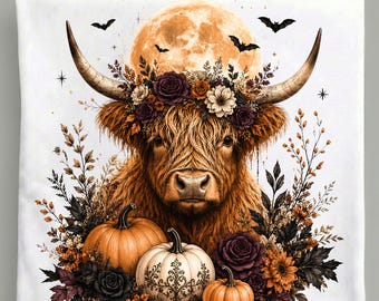 Halloween Highland Cow PNG, Floral Pumpkin Full Moon, Gothic Spooky Cow Sublimation Digital Download