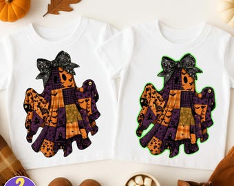 Duch w stylu patchworku PNG, uroczy duch na Halloween w sublimacji, upiorny duch jesieni w stylu retro PNG, duch w kratkę z dyni z kokardą, pakiet Halloween PNG